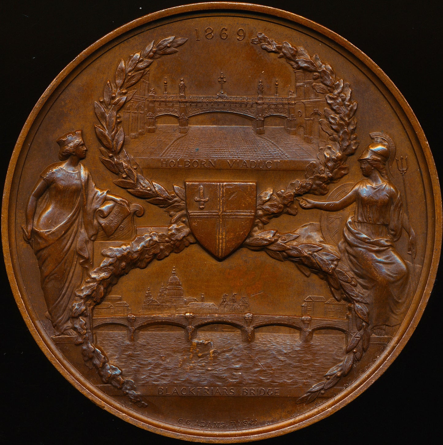 1869 Blackfriars Bridge and Holborn Viaduct Opened 76mm copper medal BHM 2906 Eimer 1604