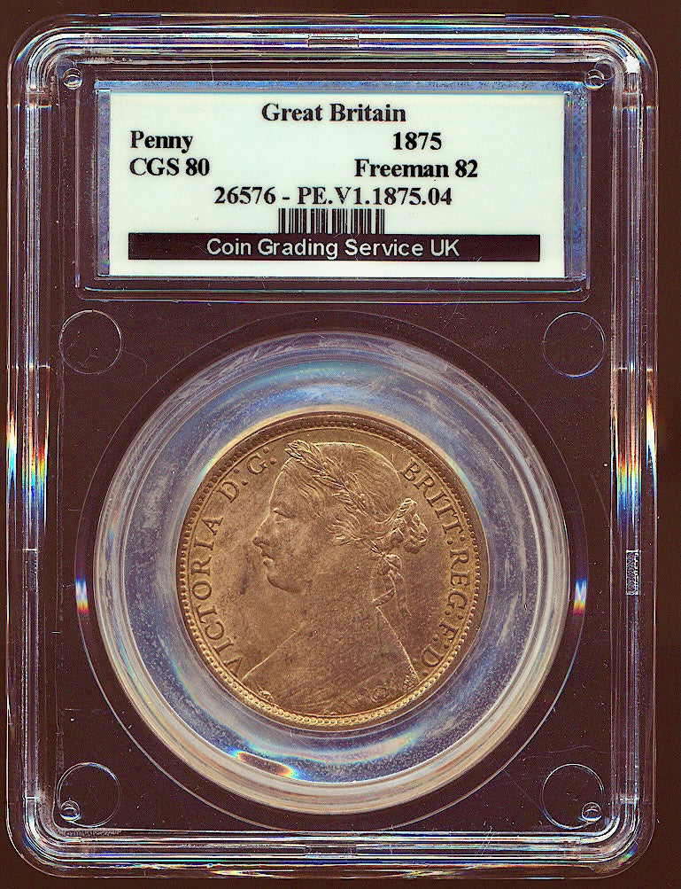 1875 Penny F82 Obv 8 Rev J UNC 80