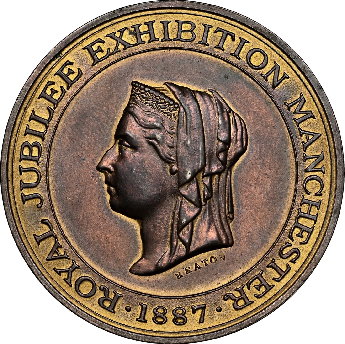 1887 Golden Jubilee BHM 3346 Manchester Exhibition 43mm bronze medal in box of issue by Heaton