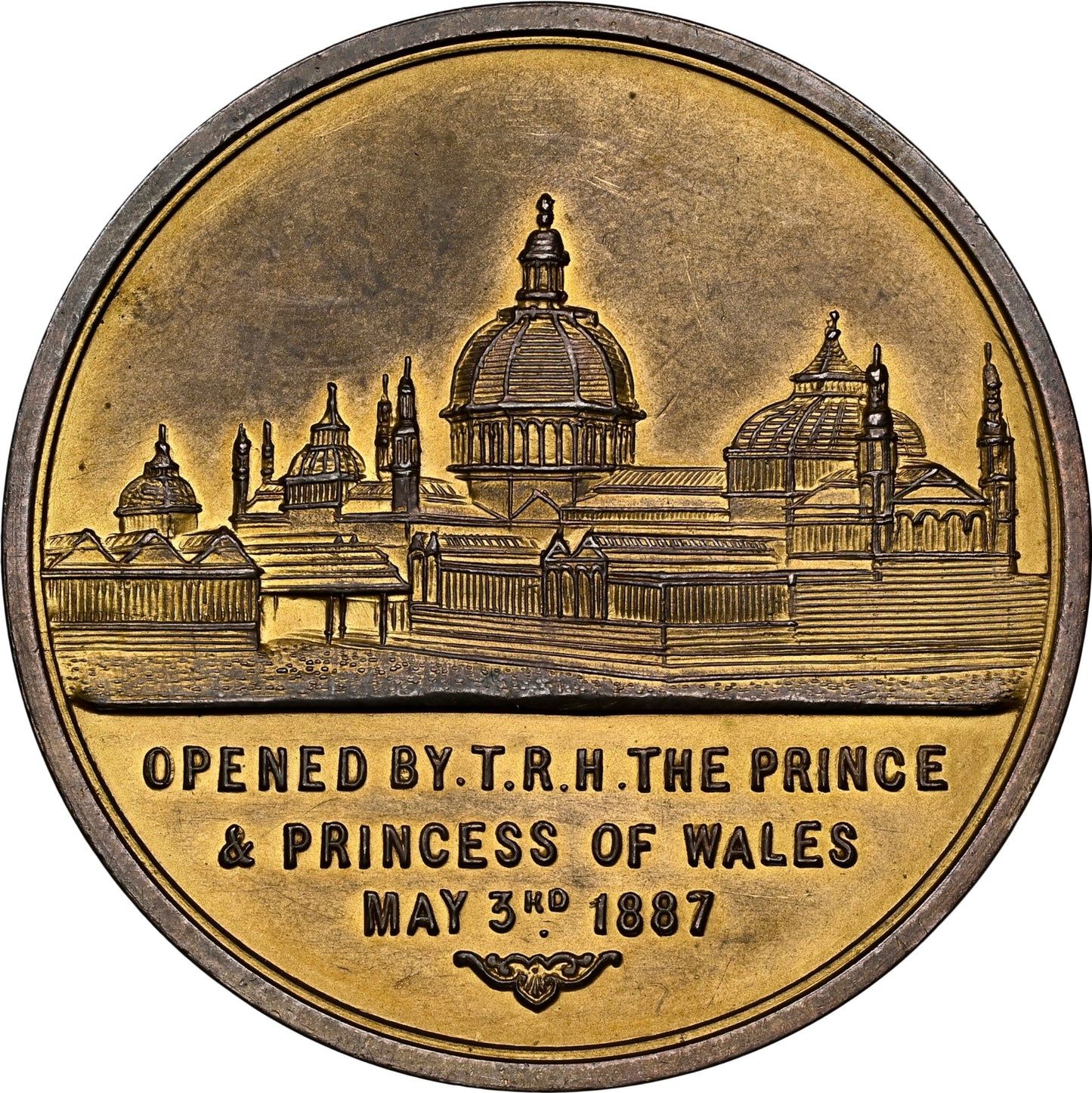 1887 Golden Jubilee BHM 3346 Manchester Exhibition 43mm bronze medal in box of issue by Heaton