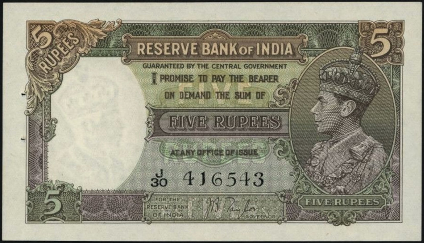 INDIA P.18a 1937 5 Rupees J/79 UNC