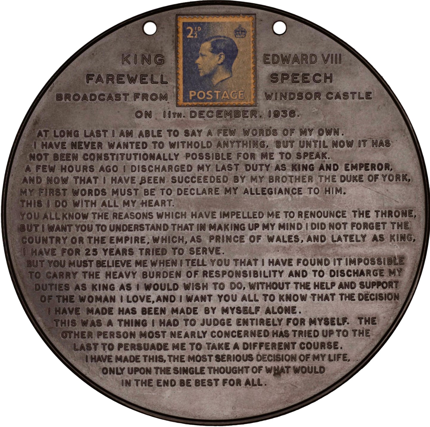 1936 Abdication speech a black bakelite medal 114mm BHM 4272