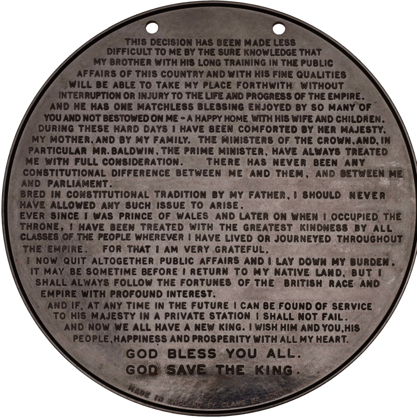 1936 Abdication speech a black bakelite medal 114mm BHM 4272