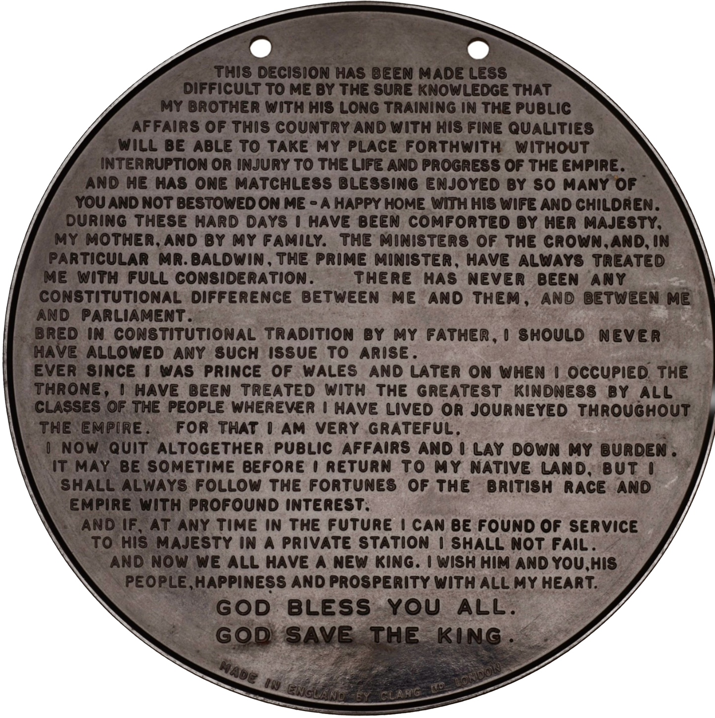1936 Abdication speech a black bakelite medal 114mm BHM 4272