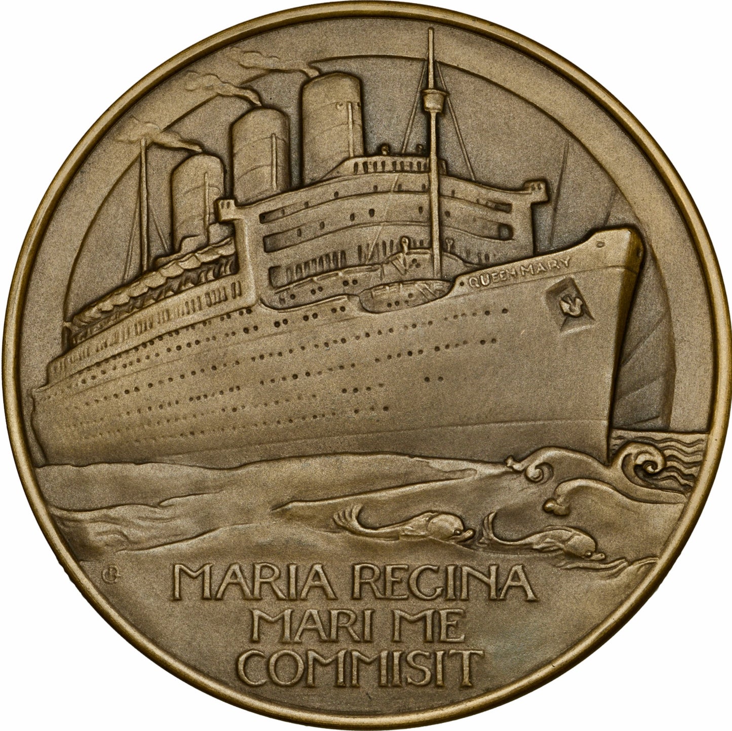 1936 RMS Queen Mary, Maiden Voyage 70mm bronze medal in box of issue