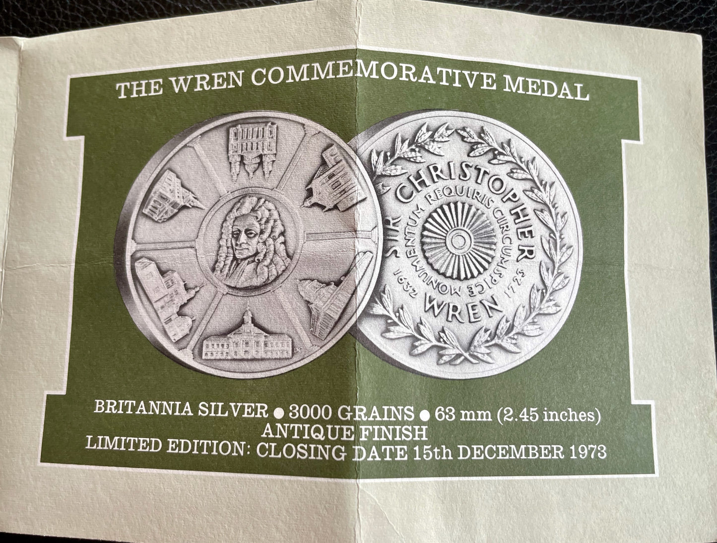 1973 Sir Christopher Wren 63mm Silver Medal in box on 250th Anniversary of his Death by Pinches