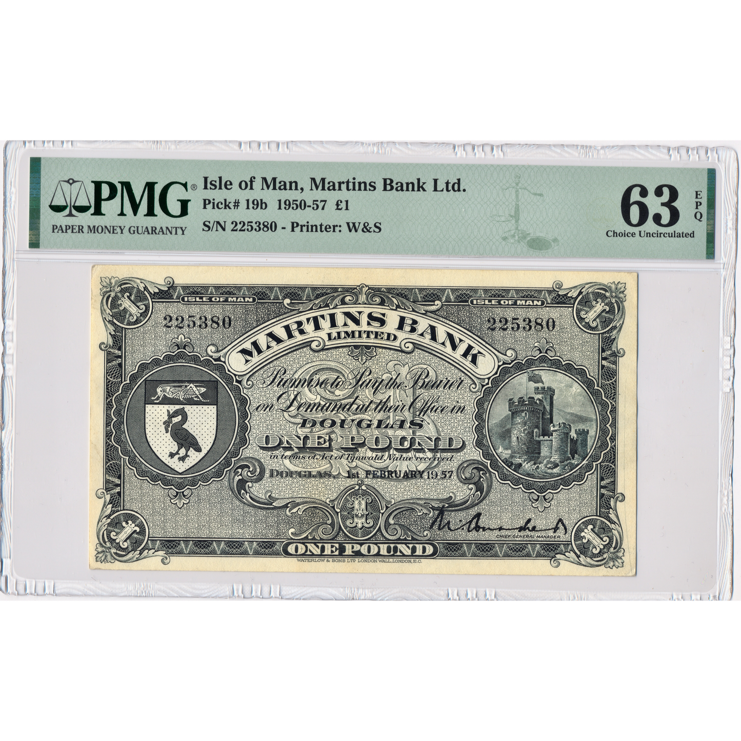ISLE OF MAN P.19b IM19b Martins Bank 1957 £1 Choice UNC 63 EPQ