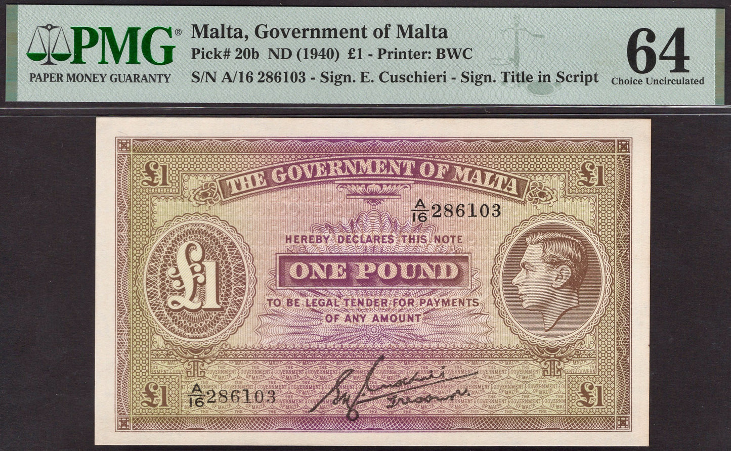 MALTA P.20b 1940 £1 Choice UNC 64
