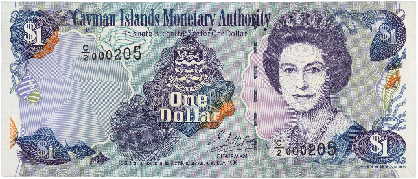 CAYMAN ISLANDS P.21b 1998 very low serial number $1 UNC