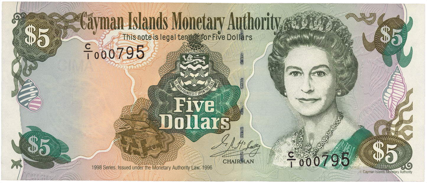 CAYMAN ISLANDS P.22a 1998 low serial number $5 UNC