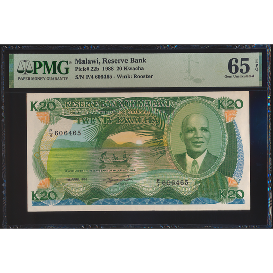 MALAWI P.22b 1988 20 Kwacha GEM UNC 65 EPQ