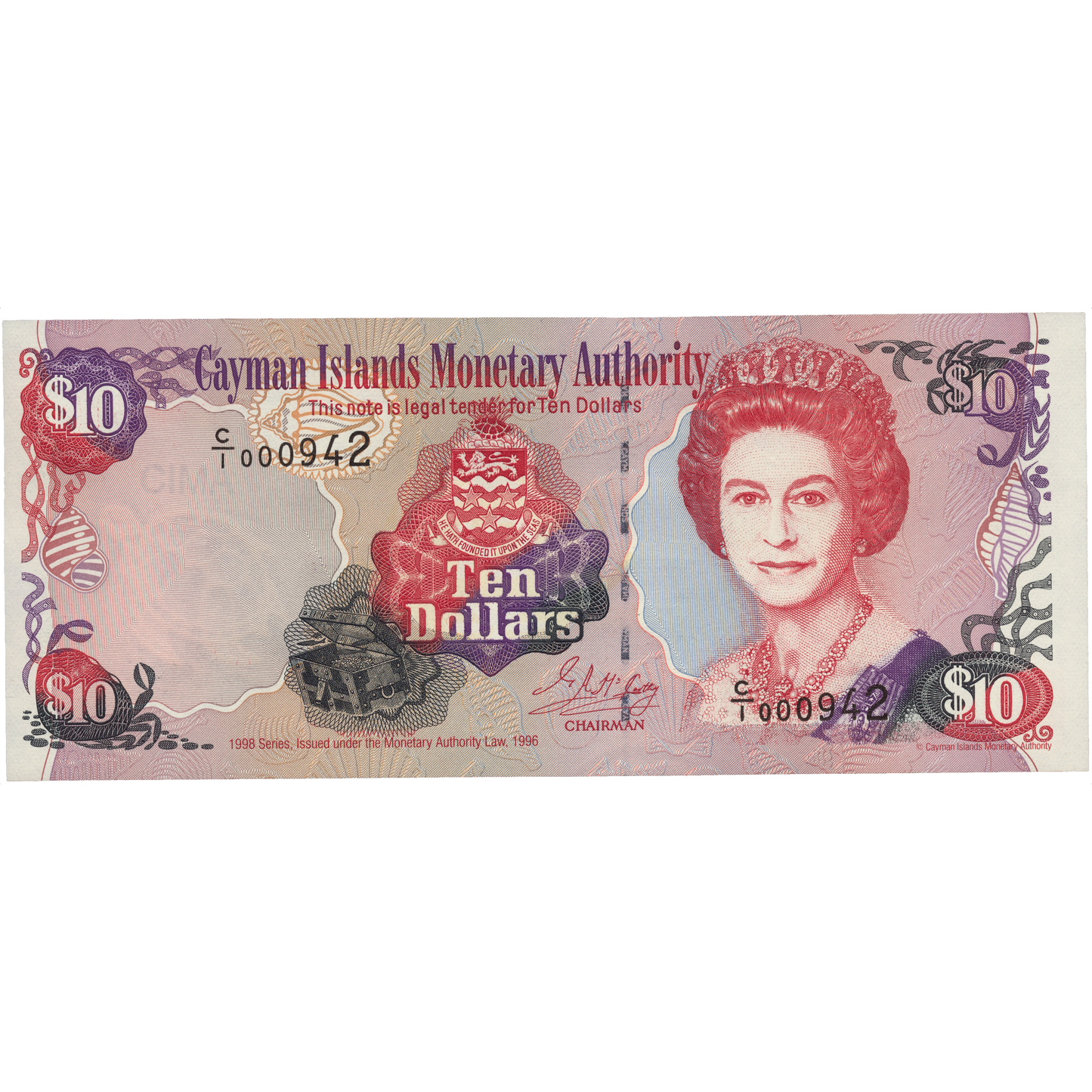 CAYMAN ISLANDS P.23 1998 low serial number $10 UNC