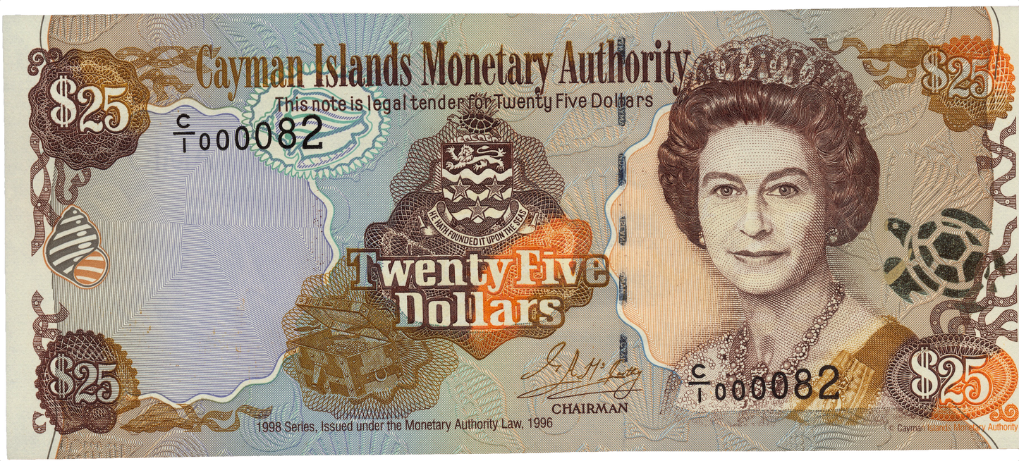 CAYMAN ISLANDS P.24 1998 very low serial number $25 UNC