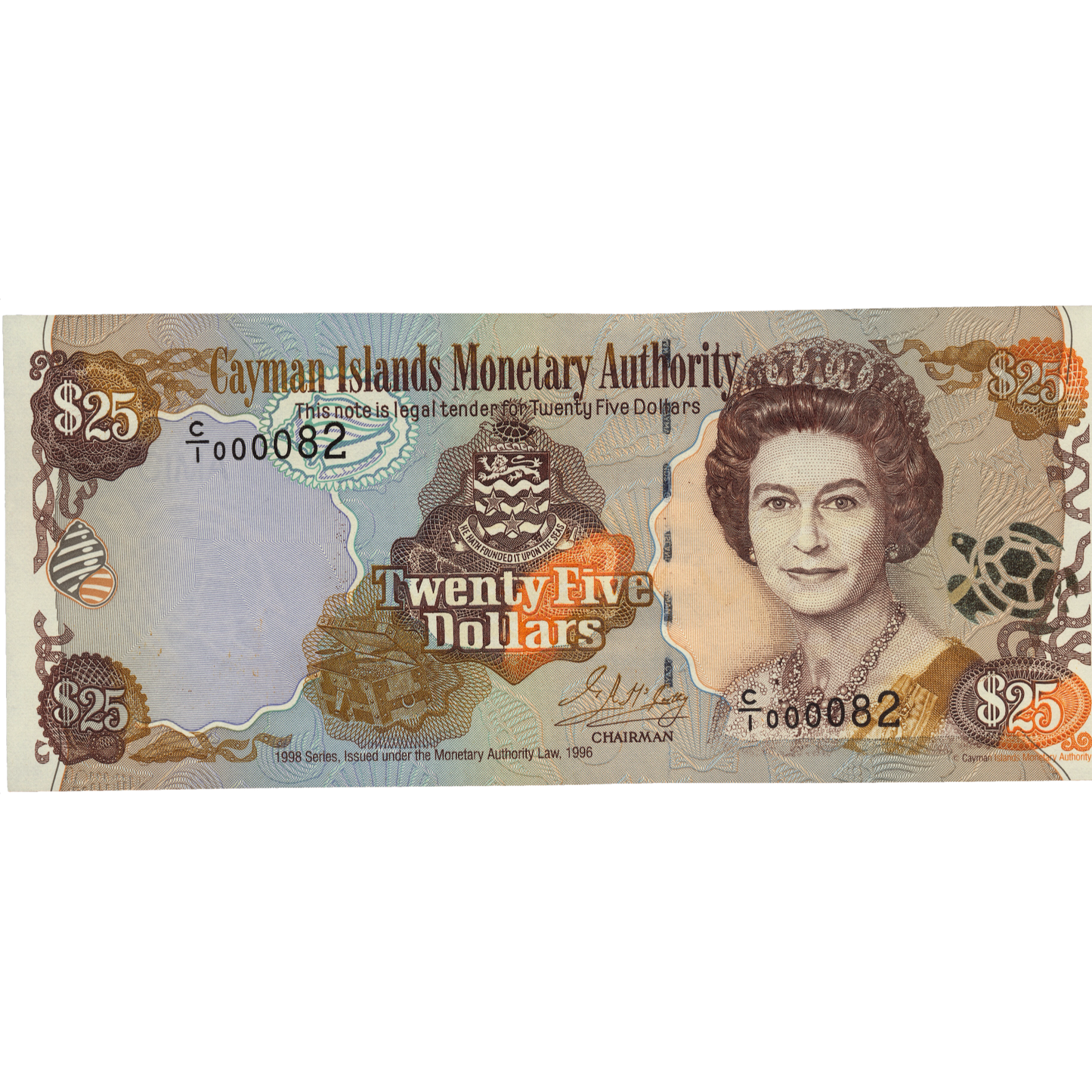 CAYMAN ISLANDS P.24 1998 very low serial number $25 UNC