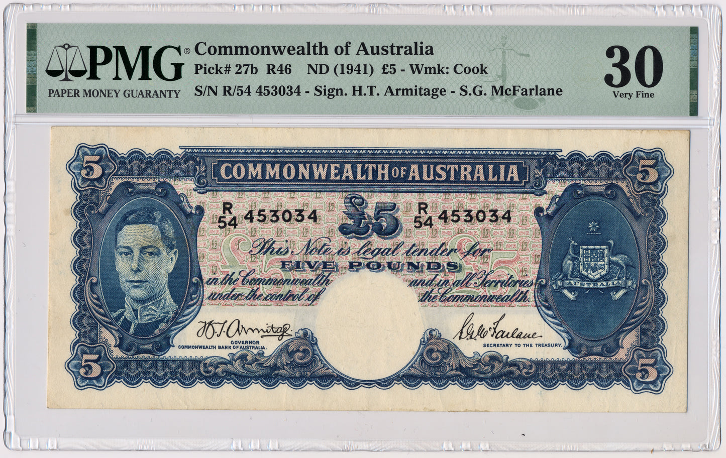 AUSTRALIA P.27b 1941 £5 VF 30