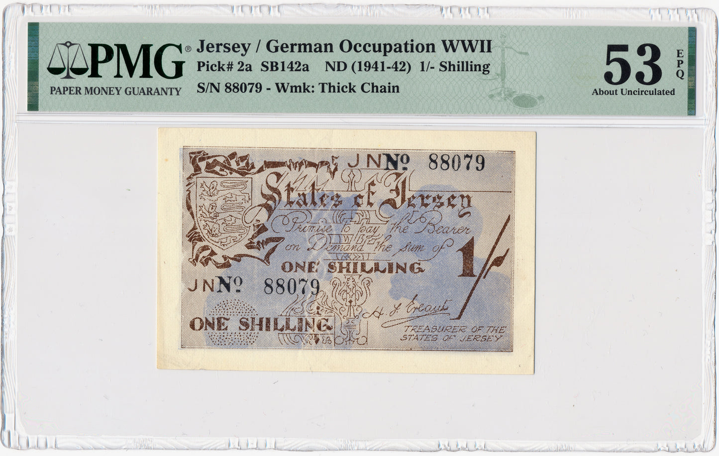 JERSEY P.2a JE2 1942 1 Shilling AUNC 53 EPQ