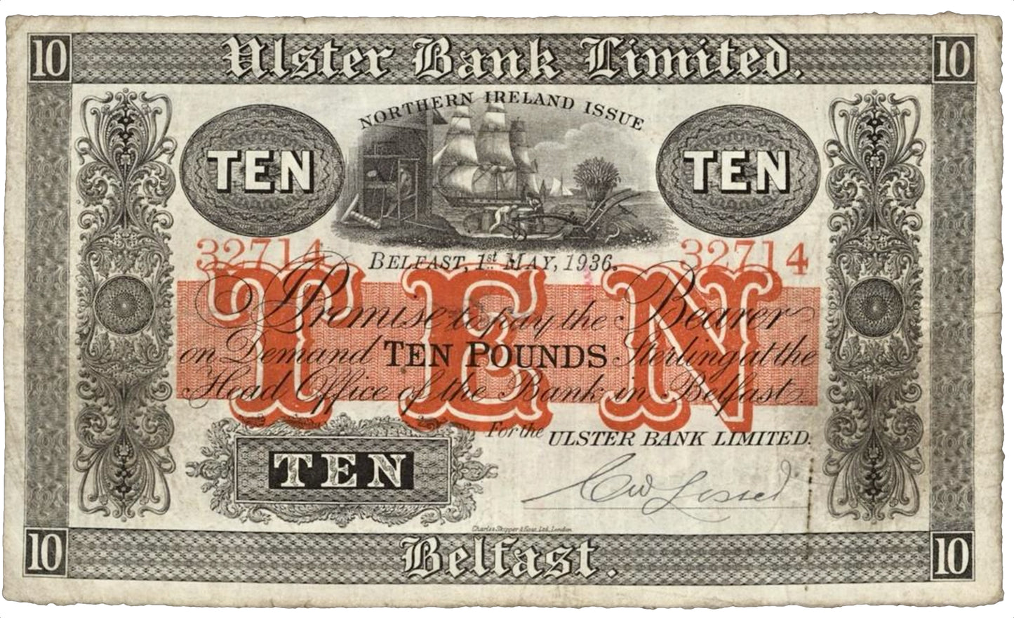 NORTHERN IRELAND P.314 NI822 1936 Ulster Bank £10 GF