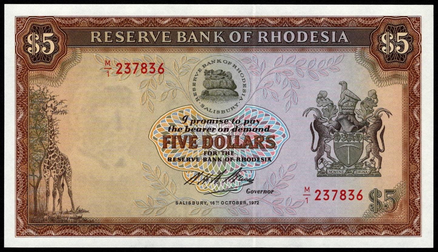 RHODESIA P.32 1972 rare first run M/1 prefix 5 dollars UNC