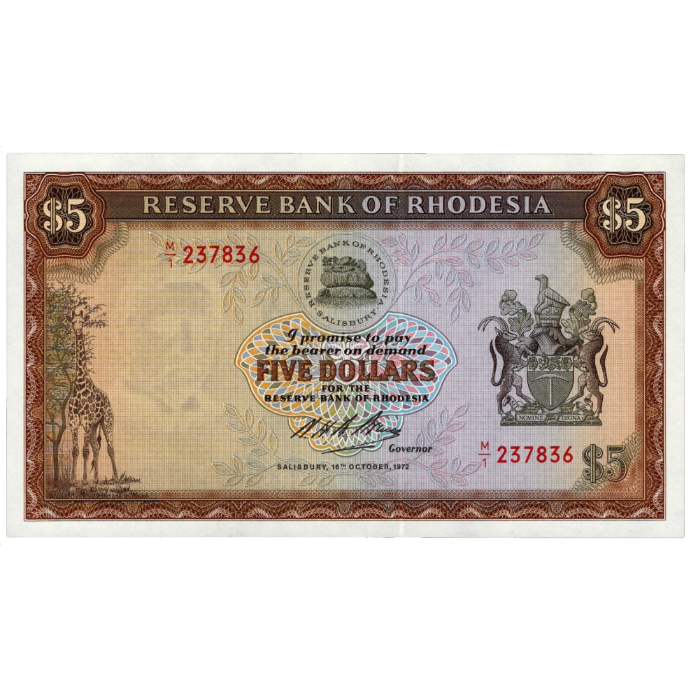 RHODESIA P.32 1972 rare first run M/1 prefix 5 dollars UNC