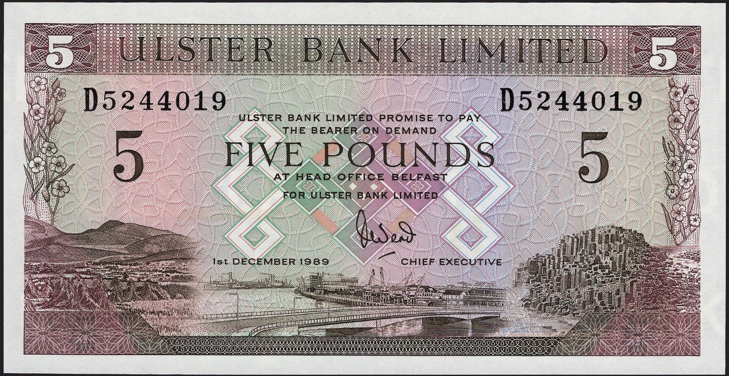 NORTHERN IRELAND P.331a NI816 1989 Ulster Bank £5 UNC