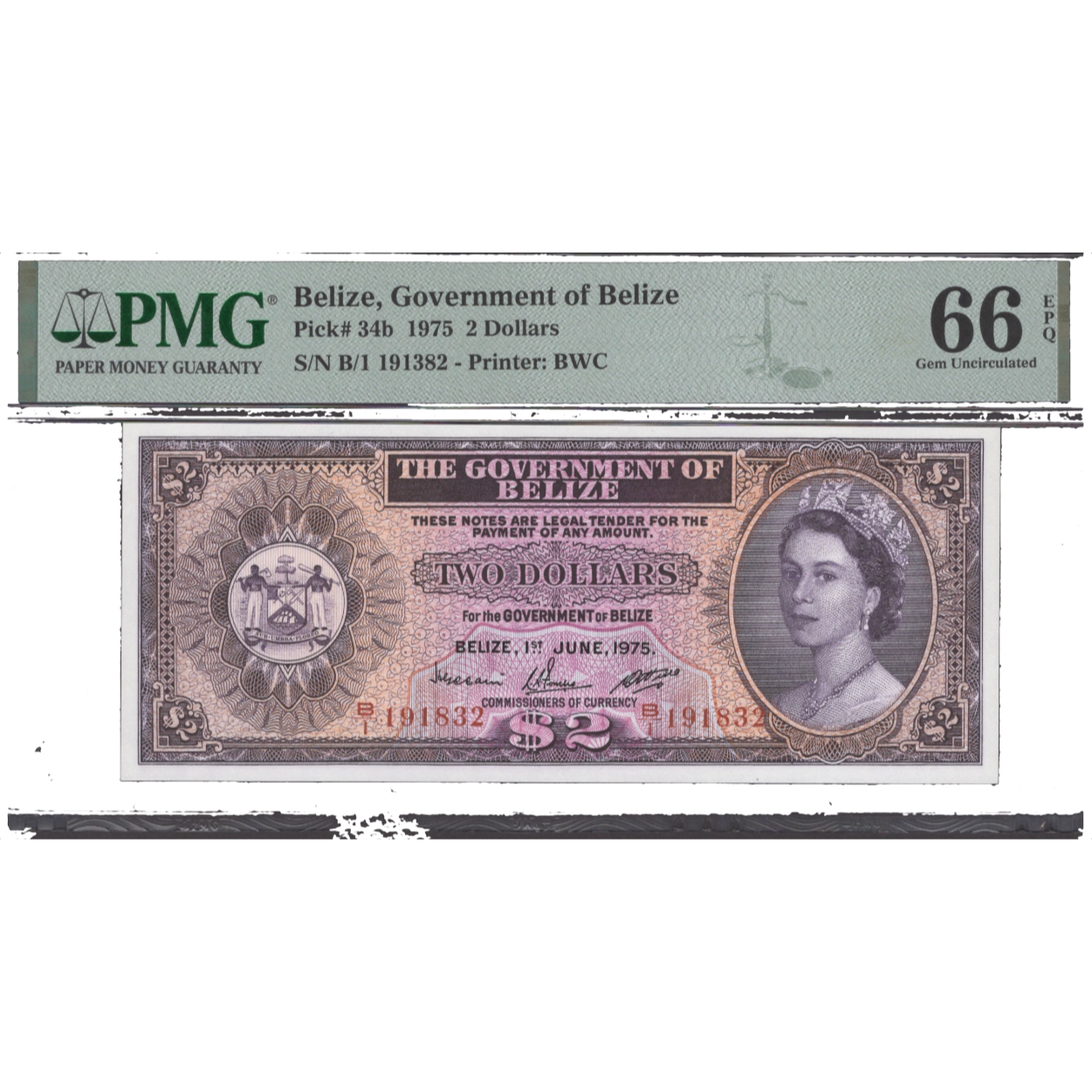 BELIZE P.34b 1975 $2 SUPERB GEM UNC 66EPQ