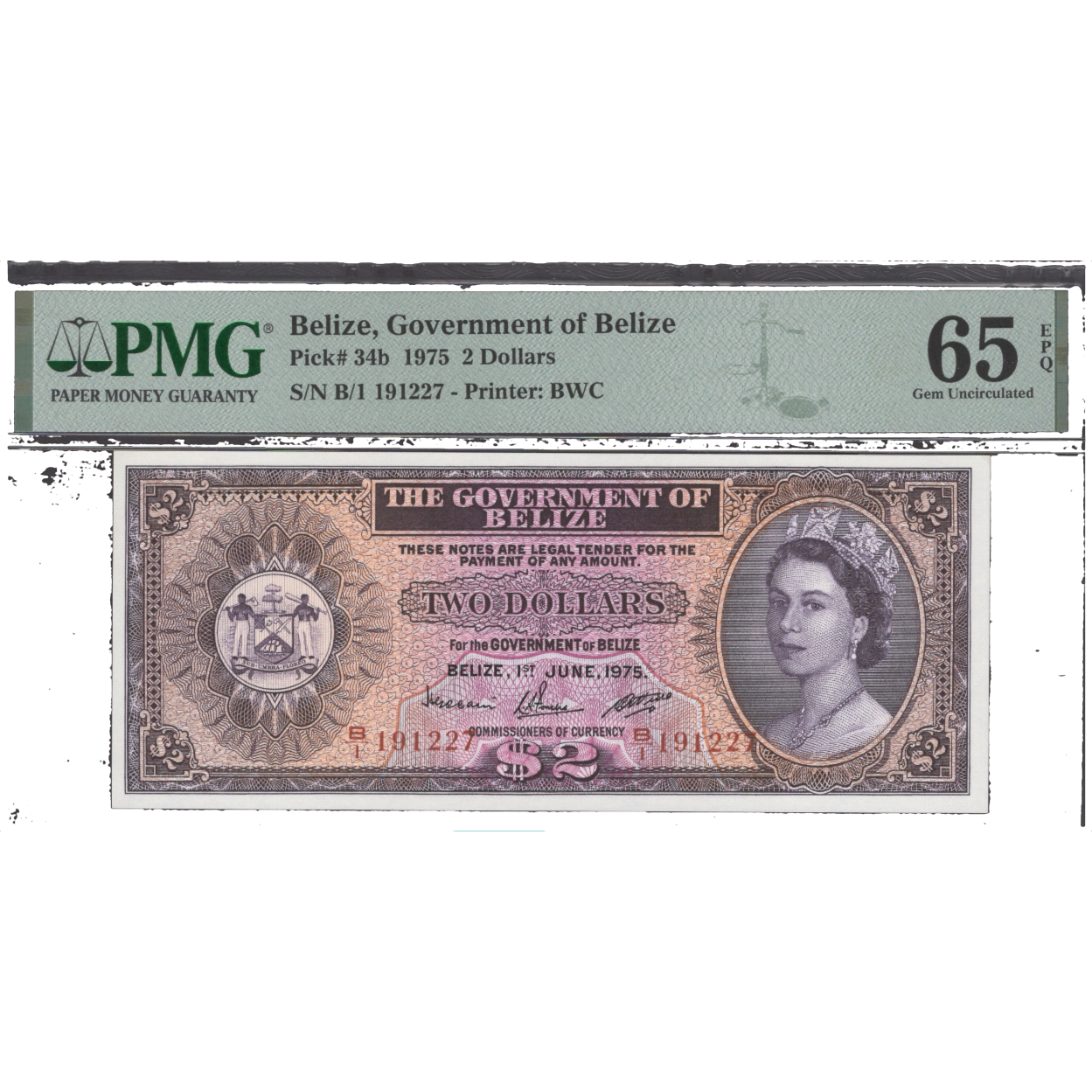 BELIZE P.34b 1975 $2 SUPERB GEM UNC 65EPQ