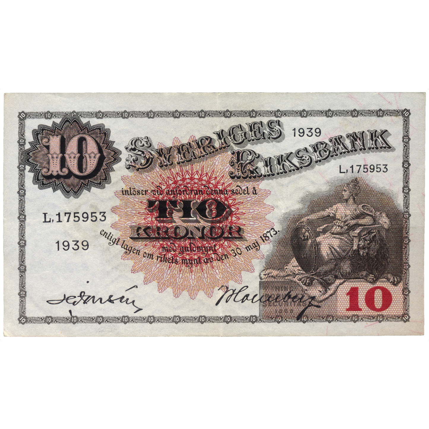 SWEDEN P.34v 1939 10 Kronor EF