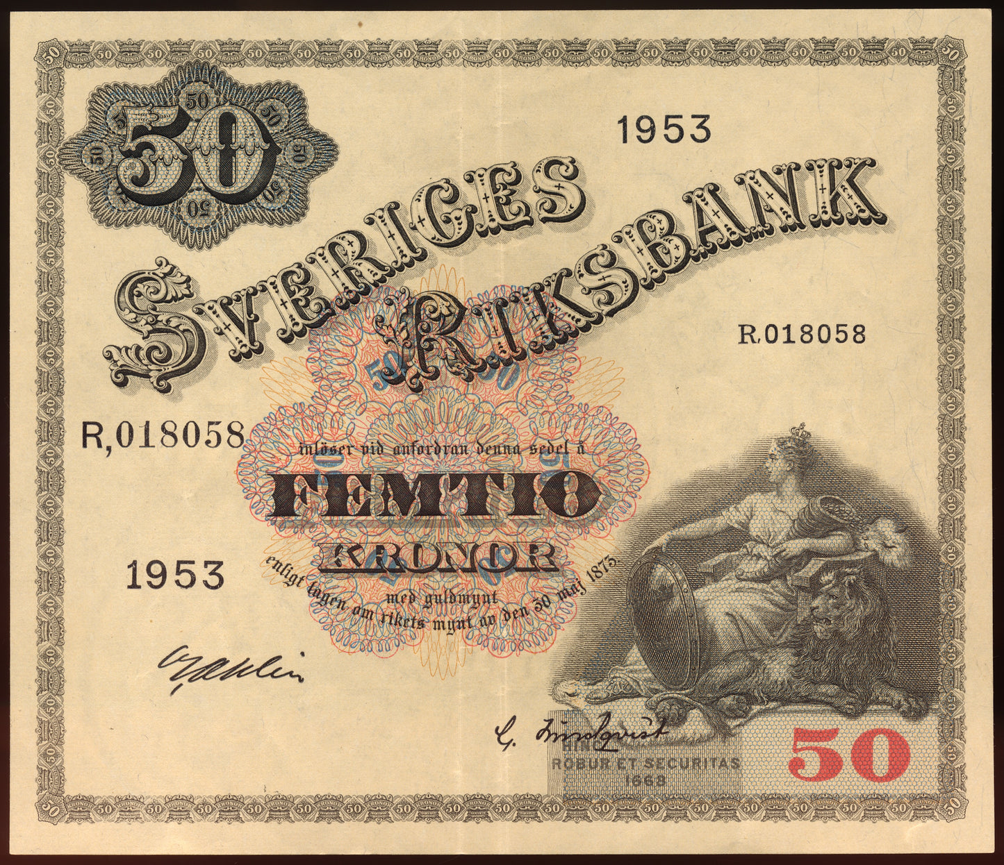 SWEDEN P.35af 1953 50 Kronor AUNC