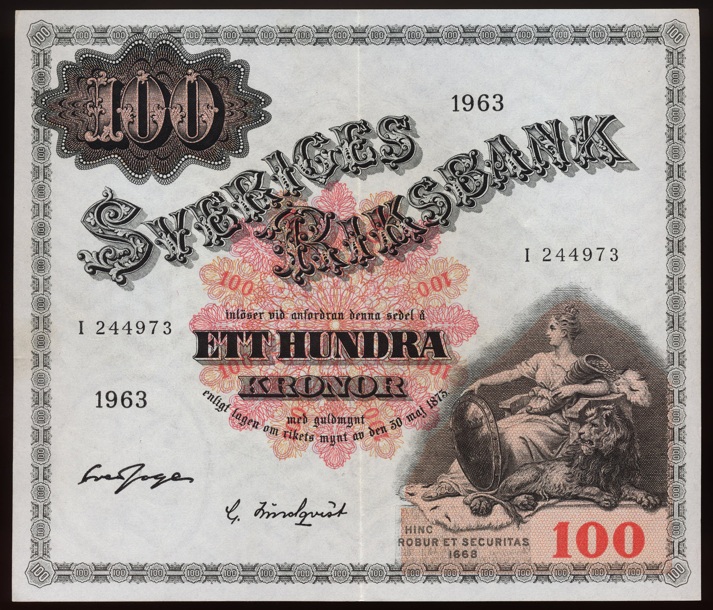 SWEDEN P.48e 1963 100 Kronor AUNC