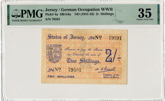 JERSEY P.4a JE3 1942 2 Shillings Choice Very Fine 35