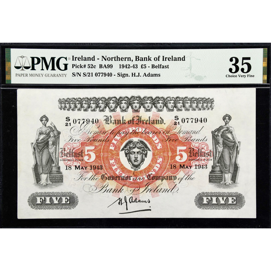 NORTHERN IRELAND P.52c NI211c 1943 Bank of Ireland £5 CHOICE VF 35