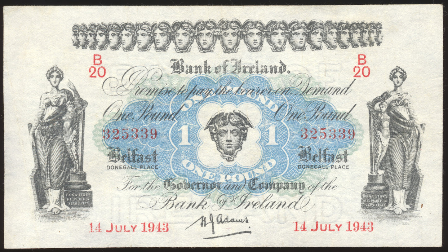 NORTHERN IRELAND P.55b NI202b 1943 Bank of Ireland £1 VF 30