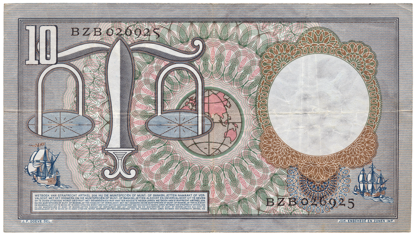 NETHERLANDS P.85 1953 10 Guilden VF