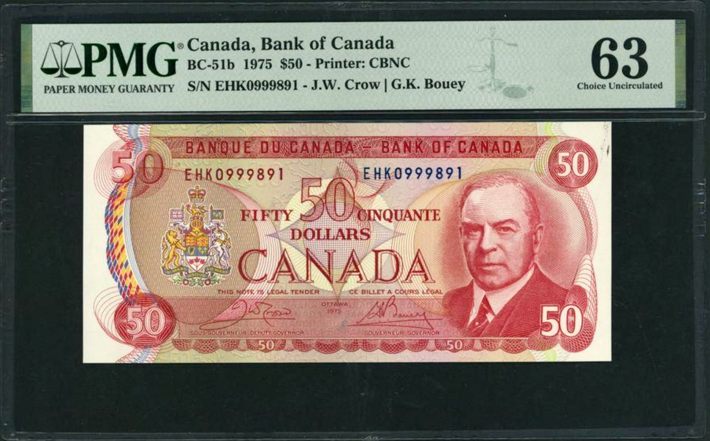 CANADA P.90b BC-51b $50 1975 Crowe, Bouey Choice UNC 63