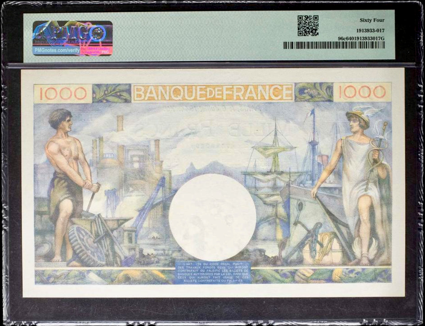 FRANCE P.96c 1944 1000Fr Belin, Rousseau, Favre-Gilly Choice UNC