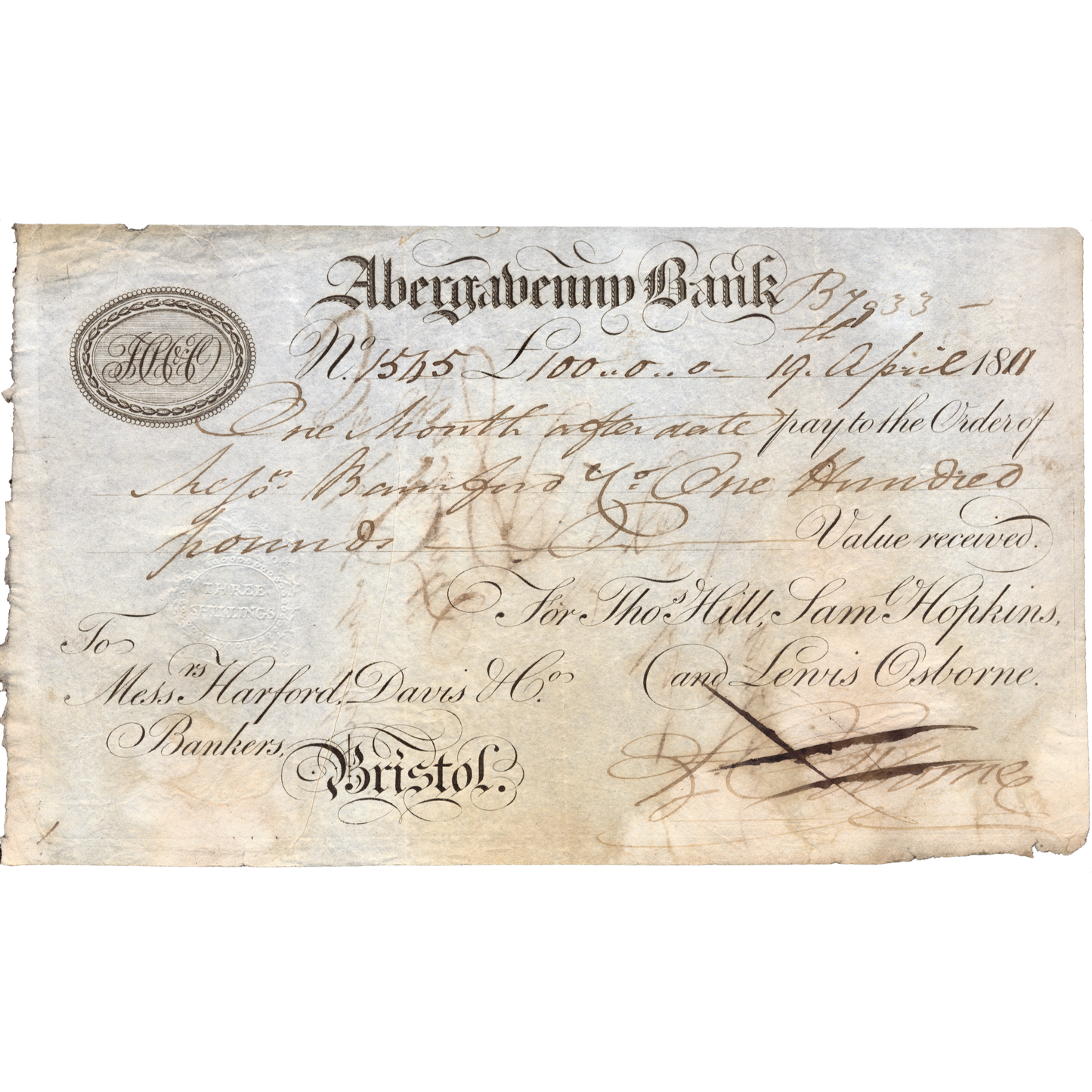 Abergavenny Bank 1811 £100 bankers draft or payment order Outing 7b