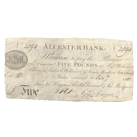 Alcester Bank 1802 £5 banknote NVF Outing 28a
