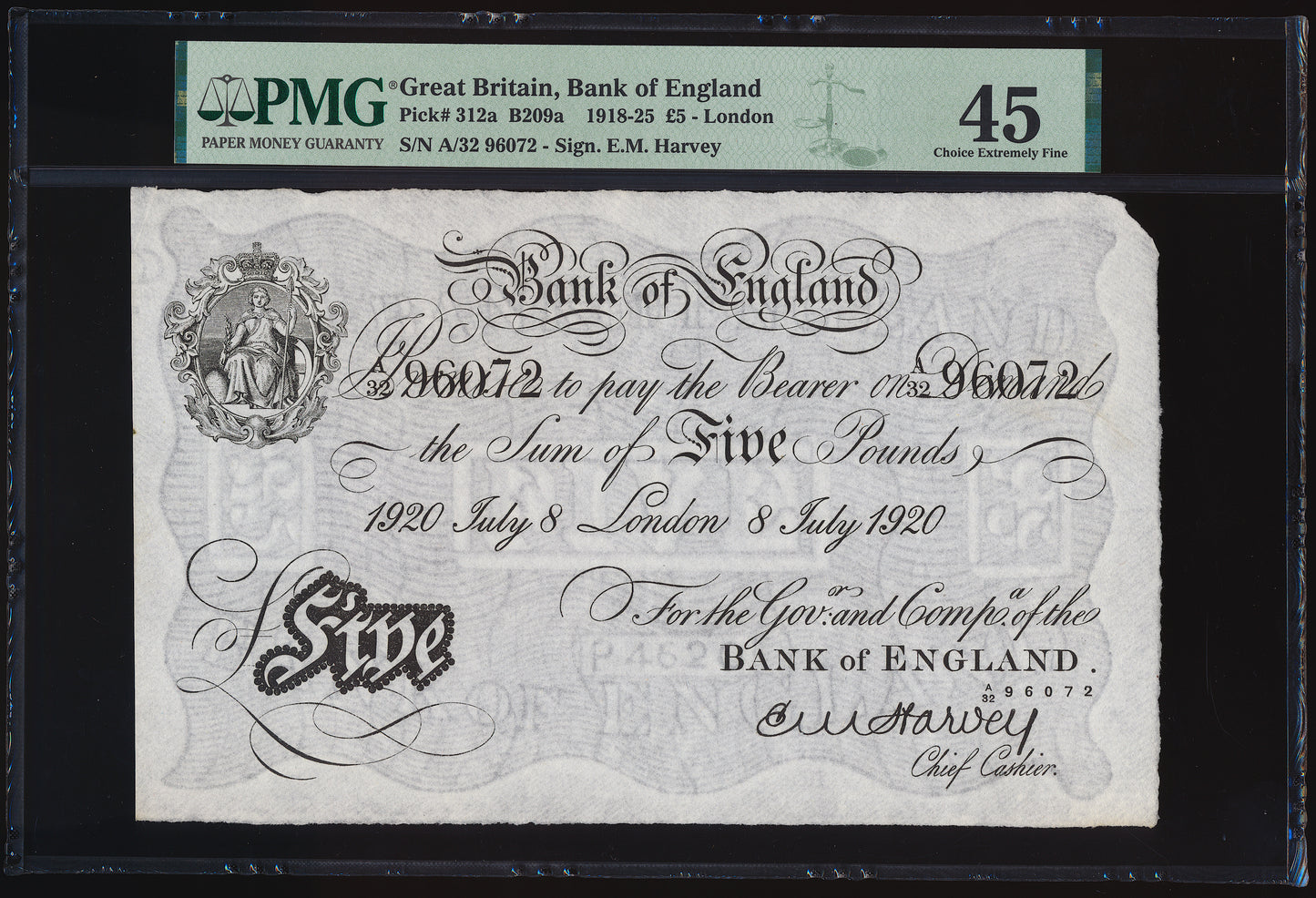 ENGLAND P.312a B209a 1920 Harvey £5 A32 Choice EF45