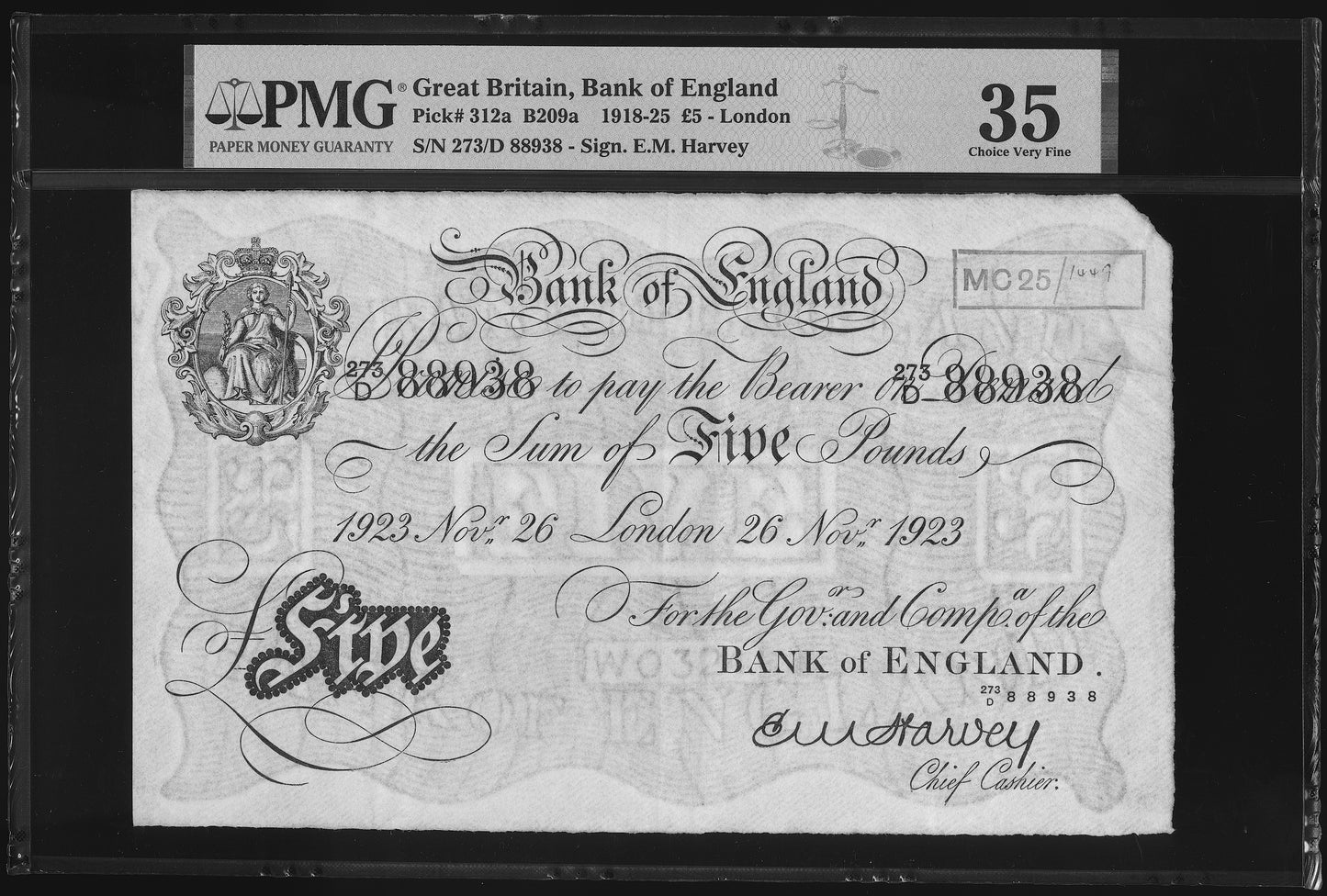 ENGLAND P.312a B209a 1923 Harvey £5 273D Choice VF35