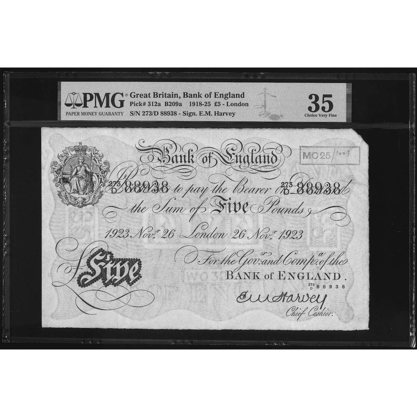 ENGLAND P.312a B209a 1923 Harvey £5 273D Choice VF35
