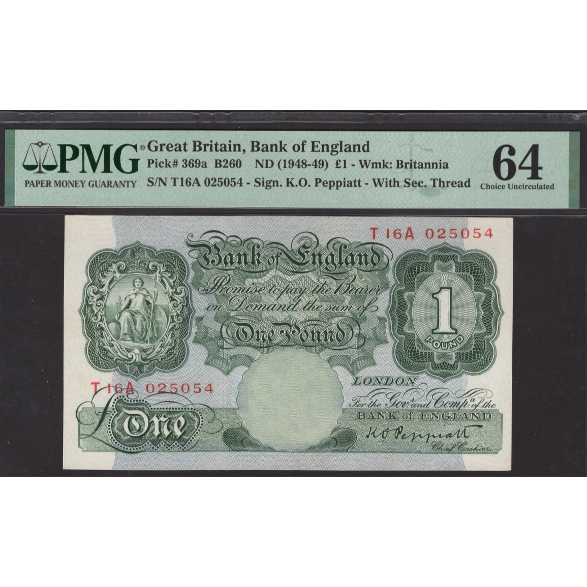 ENGLAND P.369a B260 1948-1949 Bank of England Peppiatt £1 CHOICE UNC 64