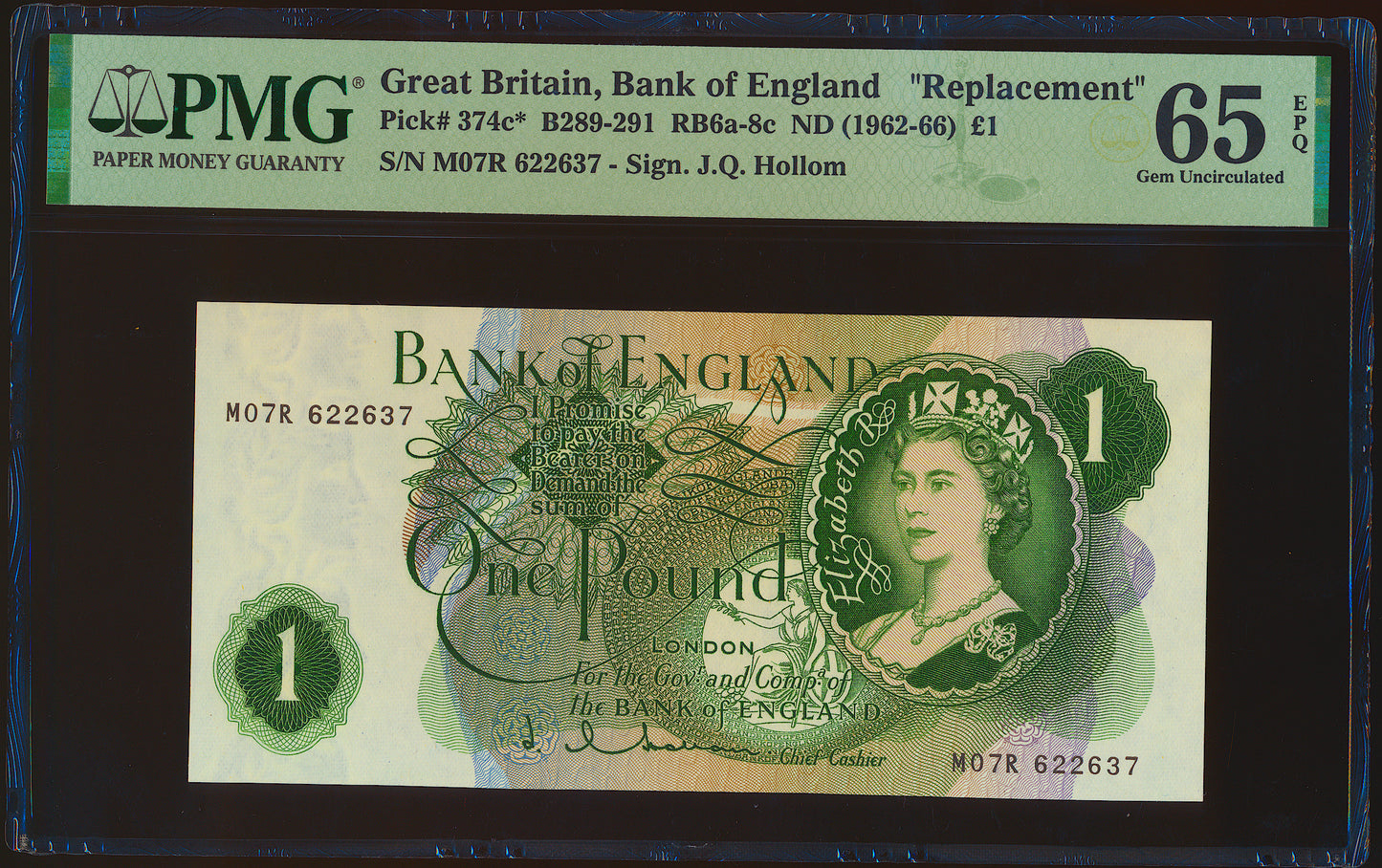ENGLAND P.374c B291 1962-1966 Replacement Hollom £1 M07R GEM UNC 65 EPQ
