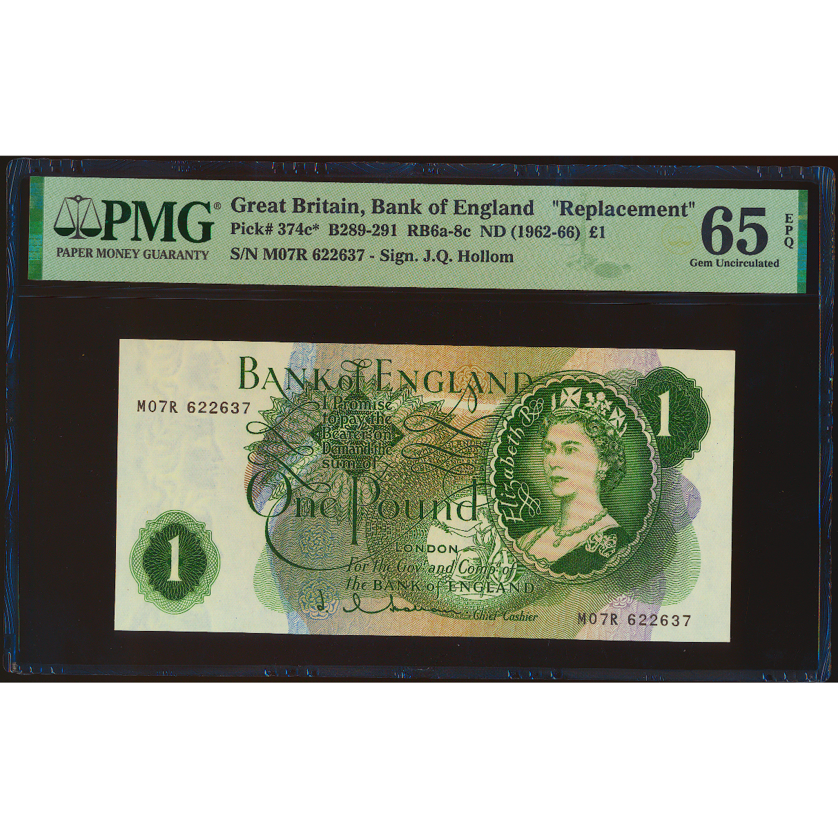 ENGLAND P.374c B291 1962-1966 Replacement Hollom £1 M07R GEM UNC 65 EPQ