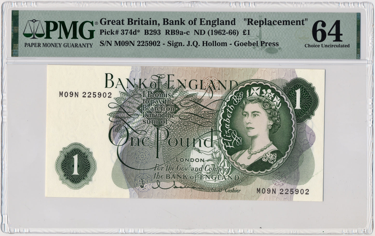 ENGLAND P.374d B293 1962-1966 Hollom Replacement £1 M09N Choice UNC 64