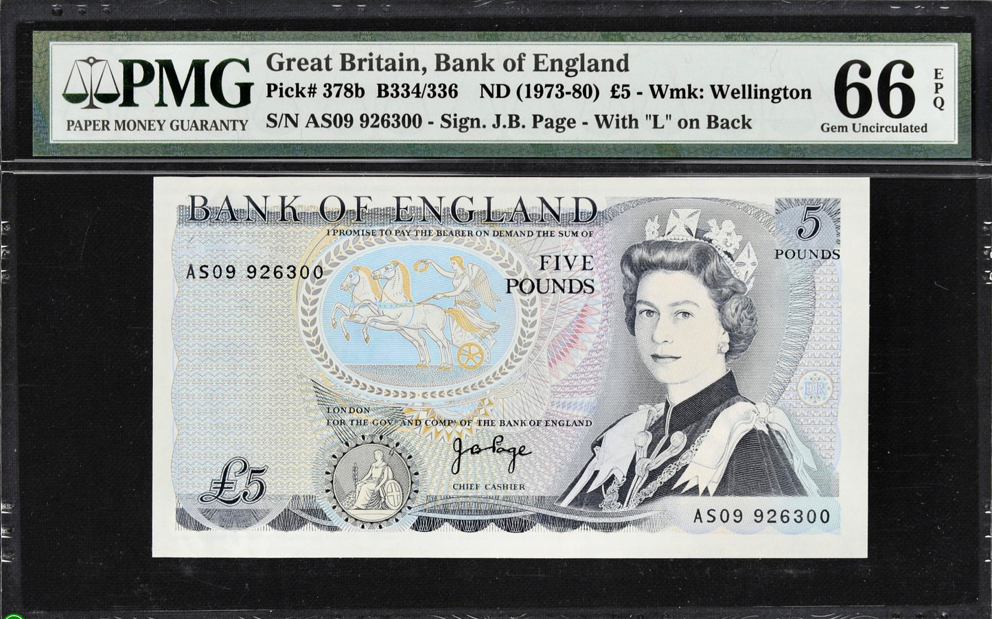 ENGLAND P.378b B336 1973-1980 Page £5 GEM UNC 66 EPQ