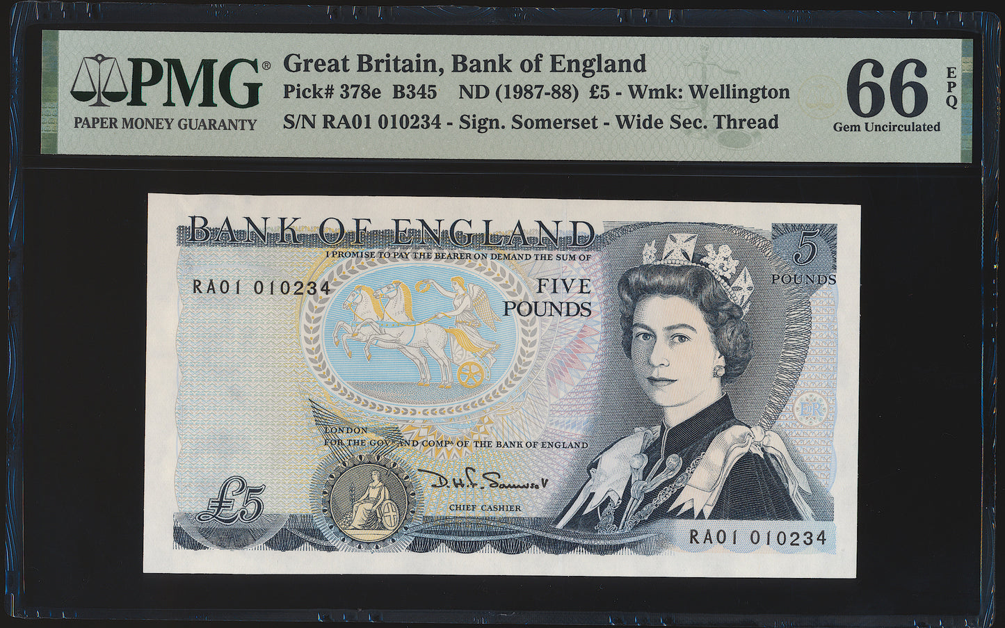 ENGLAND P.378e B345 1987-1988 Somerset First run £5 RA01 GEM UNC 65 EPQ