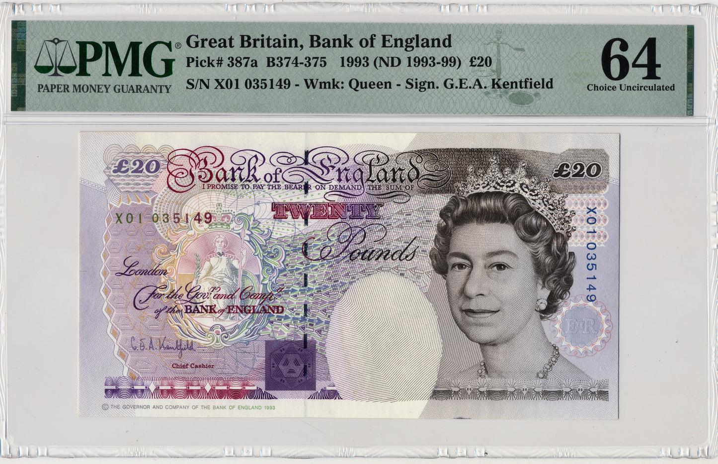 ENGLAND P.387a B374 1991-1993 Kentfield First run £20 X01 Choice UNC 64