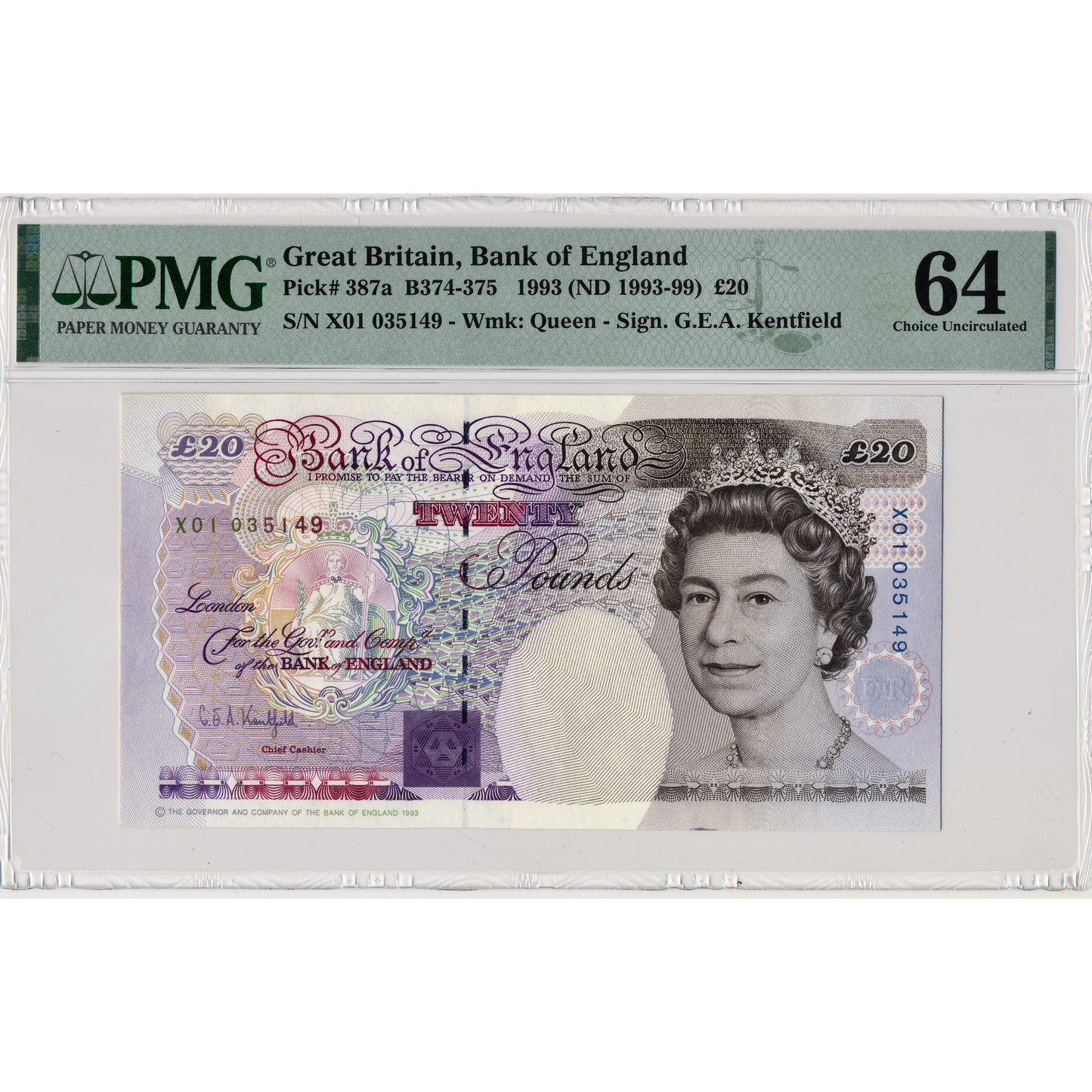 ENGLAND P.387a B374 1991-1993 Kentfield First run £20 X01 Choice UNC 64