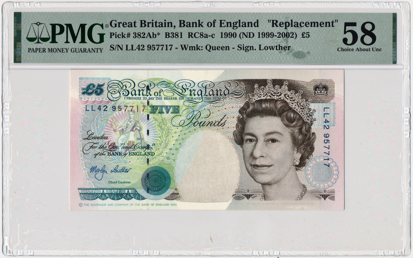 ENGLAND P.382Ab B381 1991-2002 Lowther £5 Replacement LL42 Choice AUNC 58