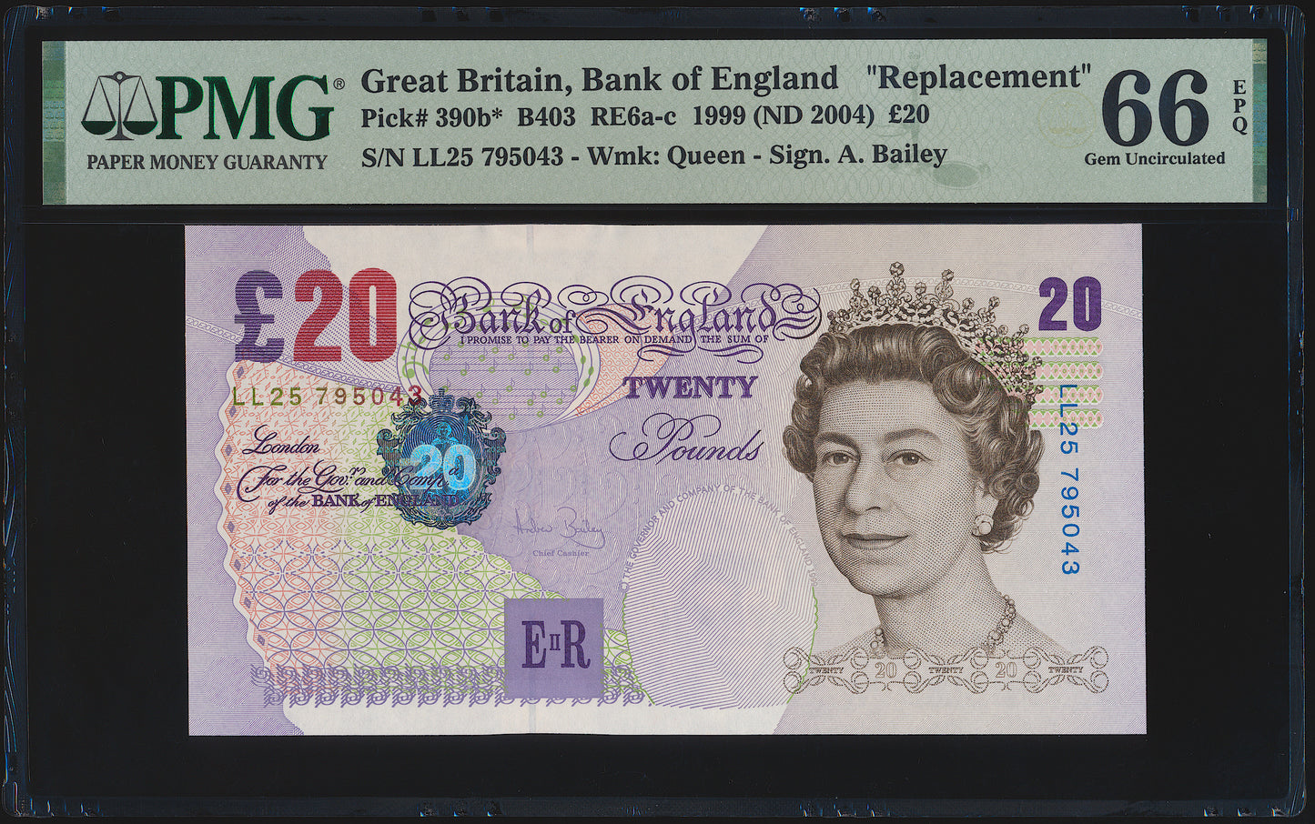 ENGLAND P.390b B403 2004 Bailey Replacement £20 LL25 GEM UNC 66 EPQ